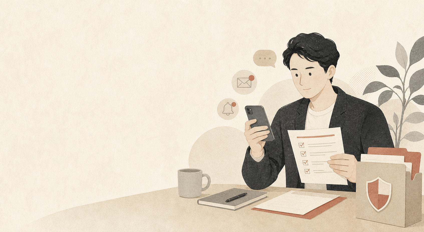 スマートフォンと確認書類を見ながら情報を確認する様子