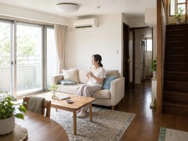 エアコンが効いた涼しい戸建てのリビングで、ソファに座り水を持ってくつろぐ女性