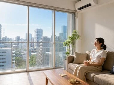 日当たりの良いリビングで、エアコンの効いた涼しい部屋で水を持ちながら快適に過ごす女性
