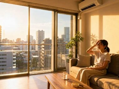 強い西日が差し込むリビングで、エアコンをつけていても暑そうに汗を拭う女性