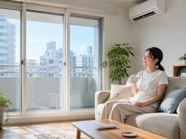 エアコンが効いた涼しいリビングのソファに座り、コップの水を飲んでリラックスする女性