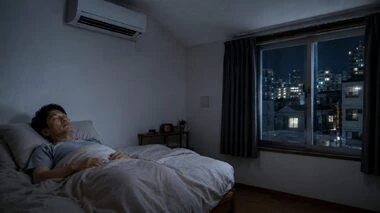 夏の夜、エアコンで適切な室温に保たれた涼しい寝室で快適に眠る男性