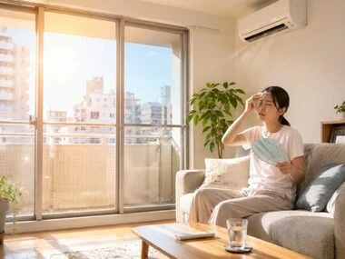 日差しの強い夏のリビングで、エアコンをつけてうちわで扇ぎながら暑さに耐える女性