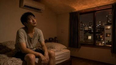 夏の夜、エアコンがあるものの寝苦しく、暗い寝室のベッドで大量の汗をかく男性